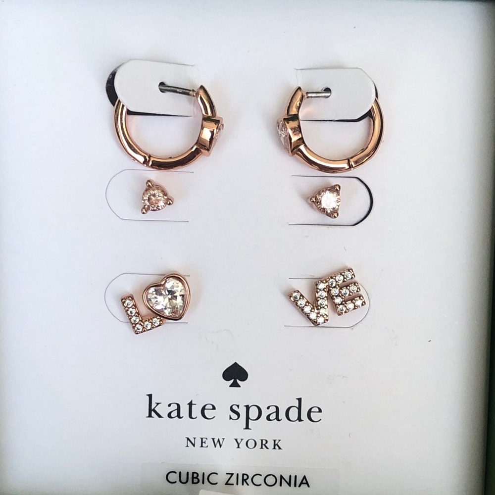 Kate Spade Rose Gold Plated Spell It Out 3 Pair Earring Set CZ Accents NWT & Box